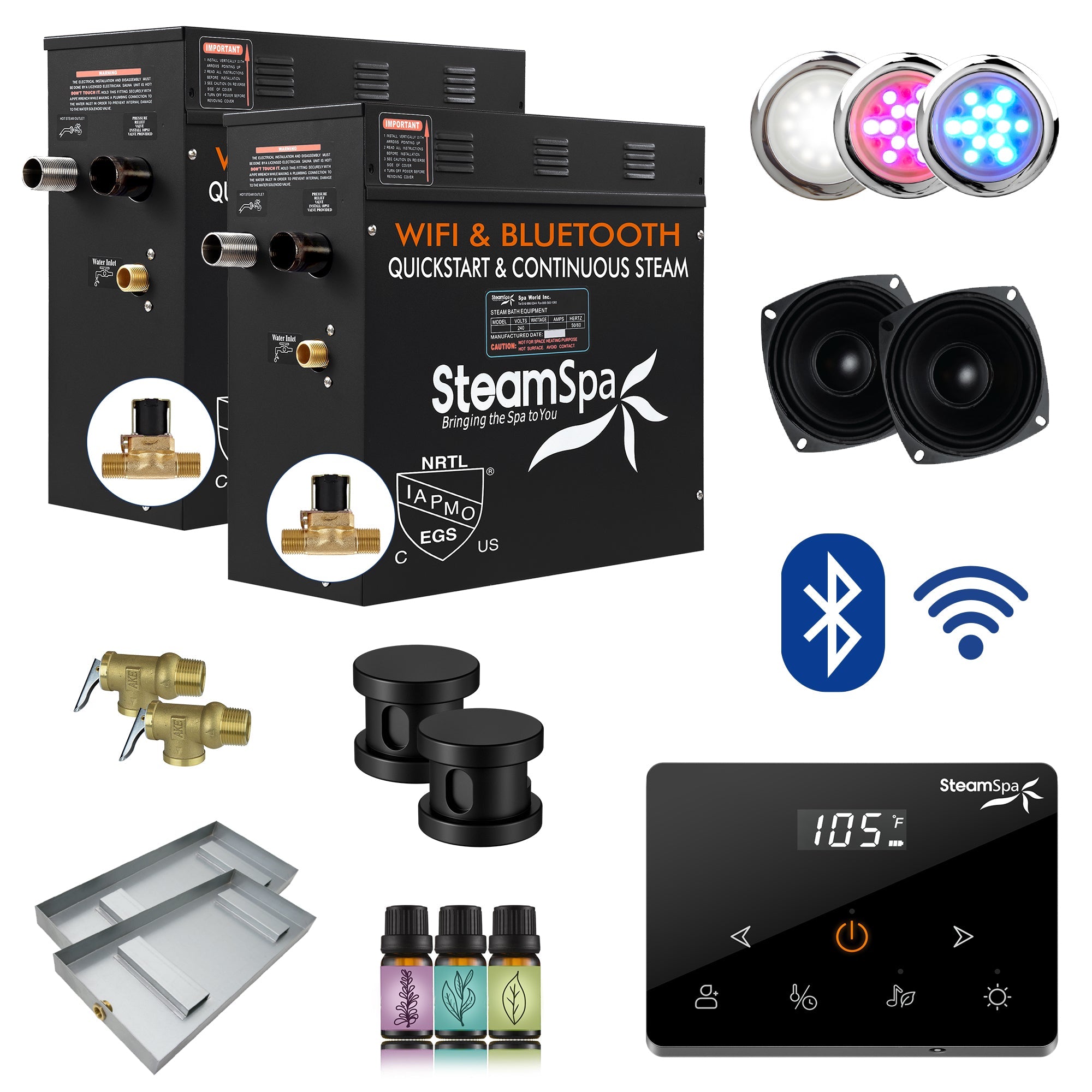 Black Series Steam Bath Generator with Wireless Control, BLUETOOTH, WIFI, Auto Drain, and Multiple Finish Options