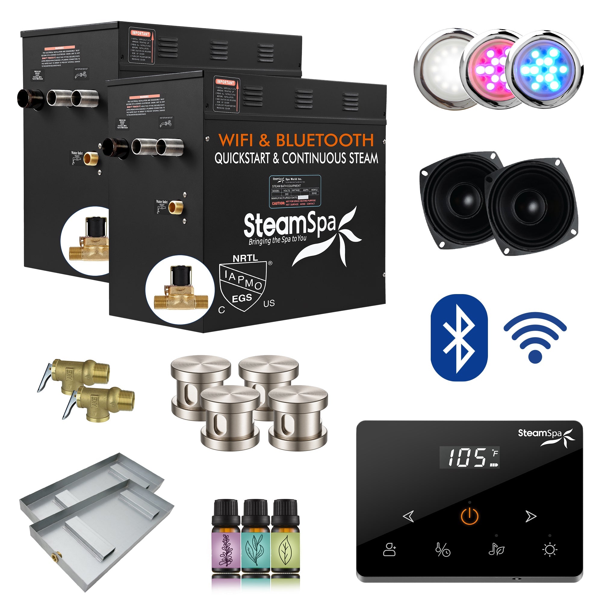 Black Series Steam Bath Generator with Wireless Control, BLUETOOTH, WIFI, Auto Drain, and Multiple Finish Options