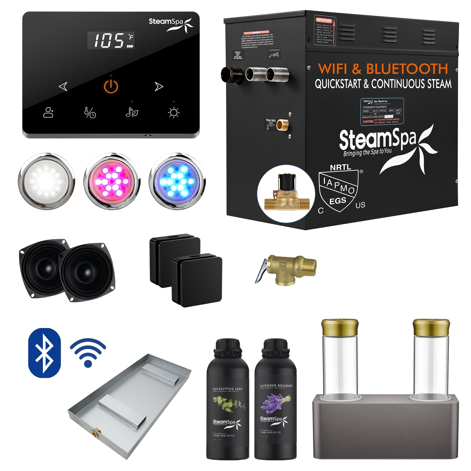 Black Series Steam Bath Generator with Wireless Controls, BLUETOOTH, WIFI, Auto Drain or Dual Aroma Pump, and Multiple Power Options