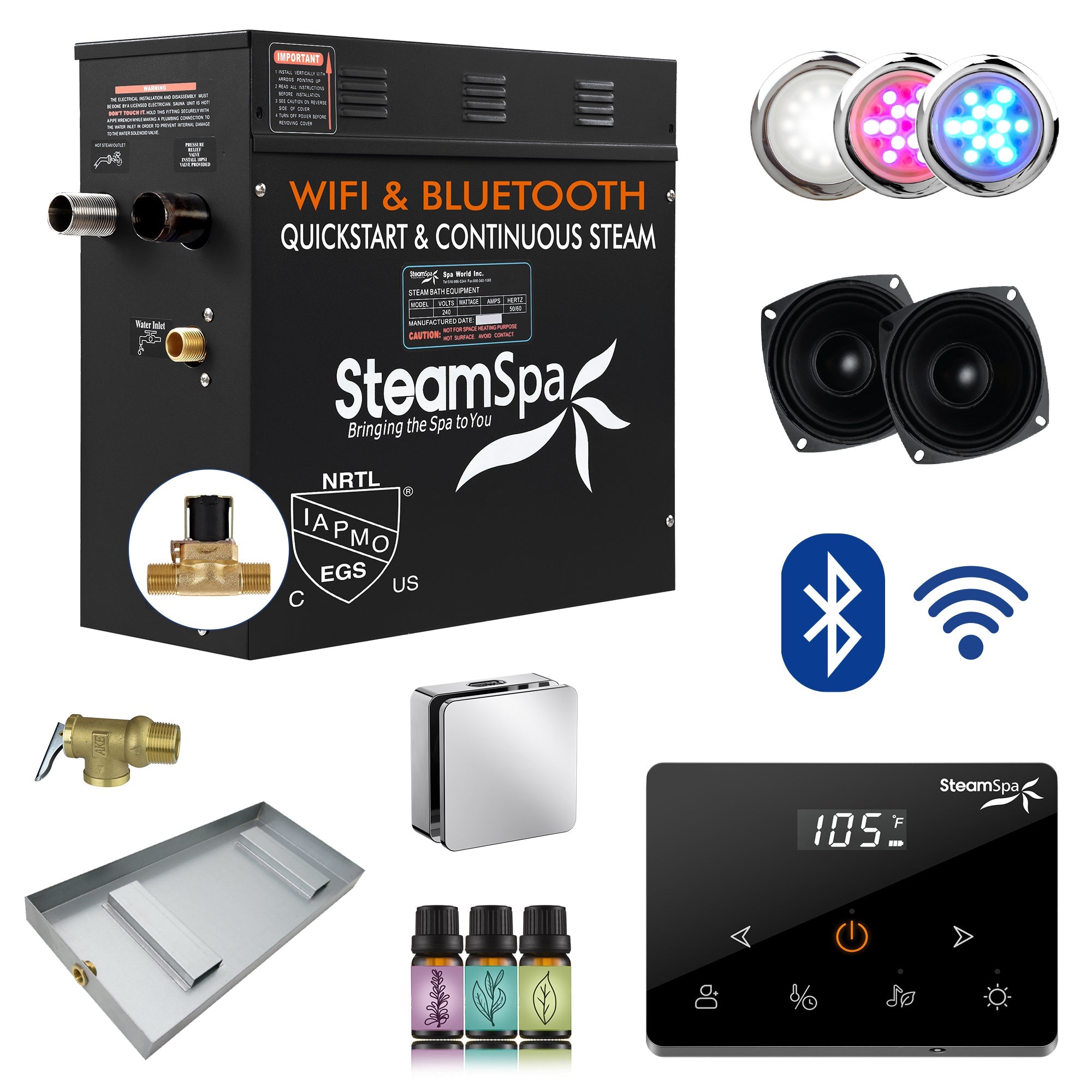 Black Series Steam Bath Generator with Wireless Controls, BLUETOOTH, WIFI, Auto Drain or Aroma Pump, and Multiple Finish Options