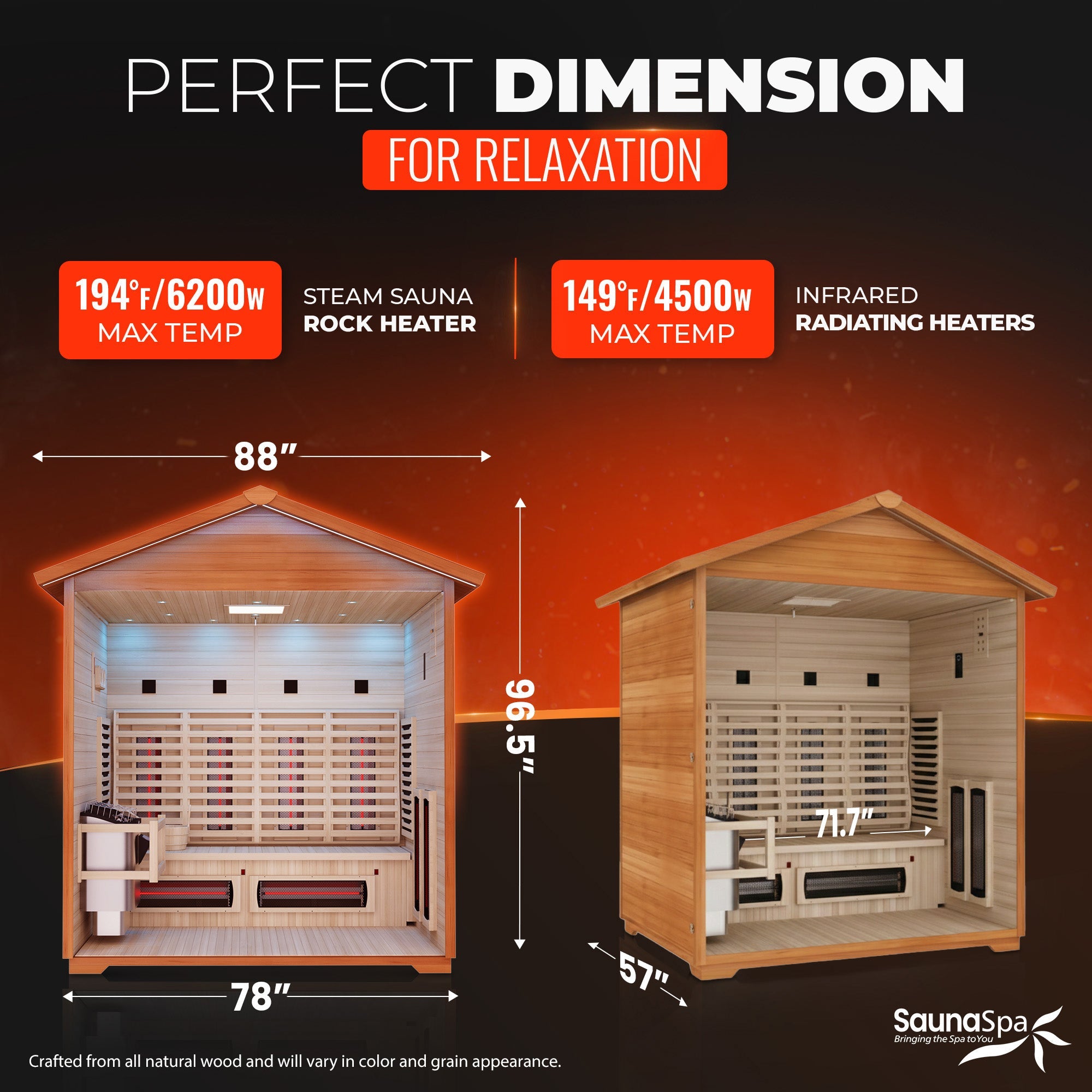 3-4 Person Outdoor Cabin Sauna in Cedar and Hemlock with Far Infrared Panels, and ETL Certified 6.2kW Sauna Rock Heater