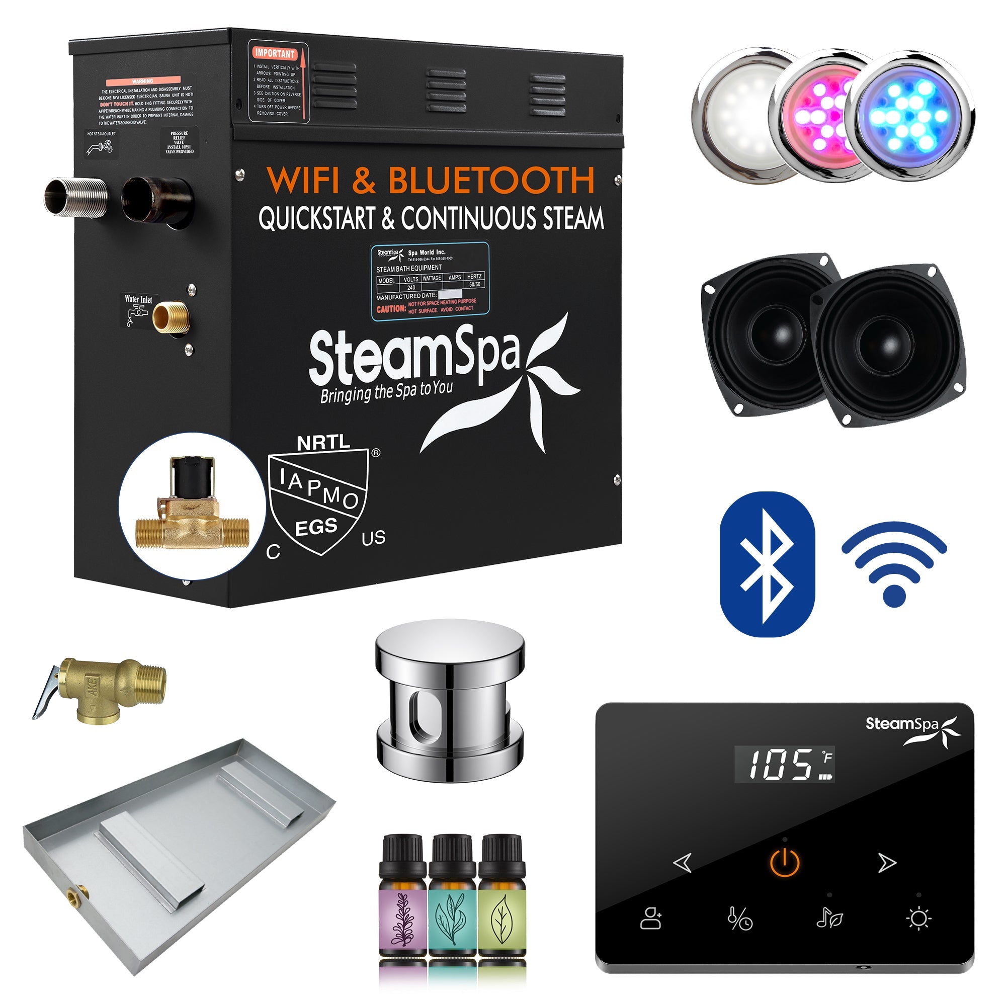 Black Series Steam Bath Generator with Wireless Control, BLUETOOTH, WIFI, Auto Drain, and Multiple Finish Options