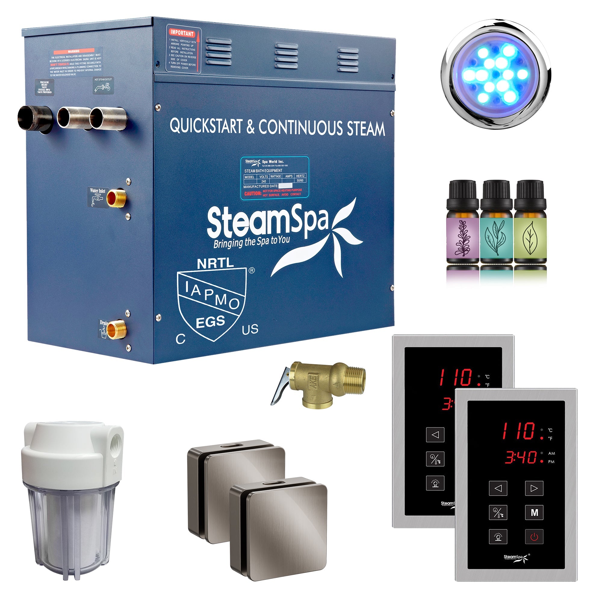Royal Series Steam Bath Generator with Continuous Steam, Dual Touch Control, Chroma Lighting, Auto Drain & Water Filter