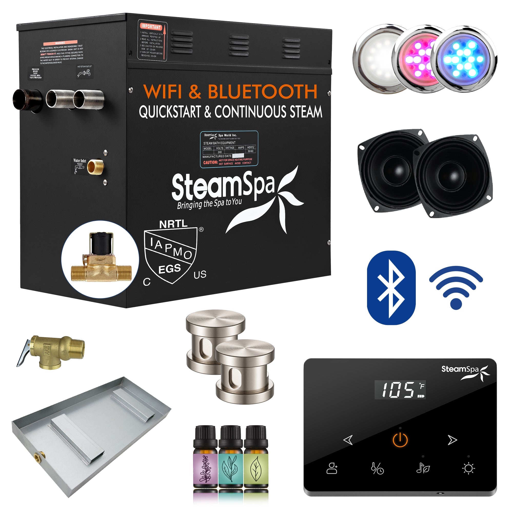 Black Series Steam Bath Generator with Wireless Control, BLUETOOTH, WIFI, Auto Drain, and Multiple Finish Options