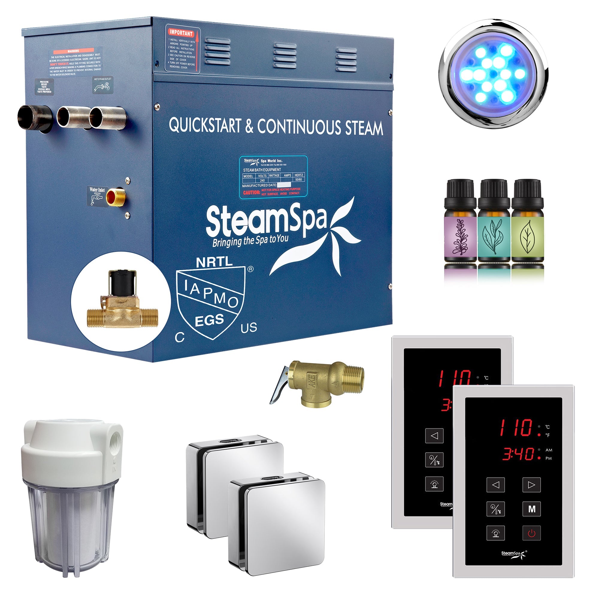 Royal Series Steam Bath Generator with Continuous Steam, Dual Touch Control, Chroma Lighting, Auto Drain & Water Filter