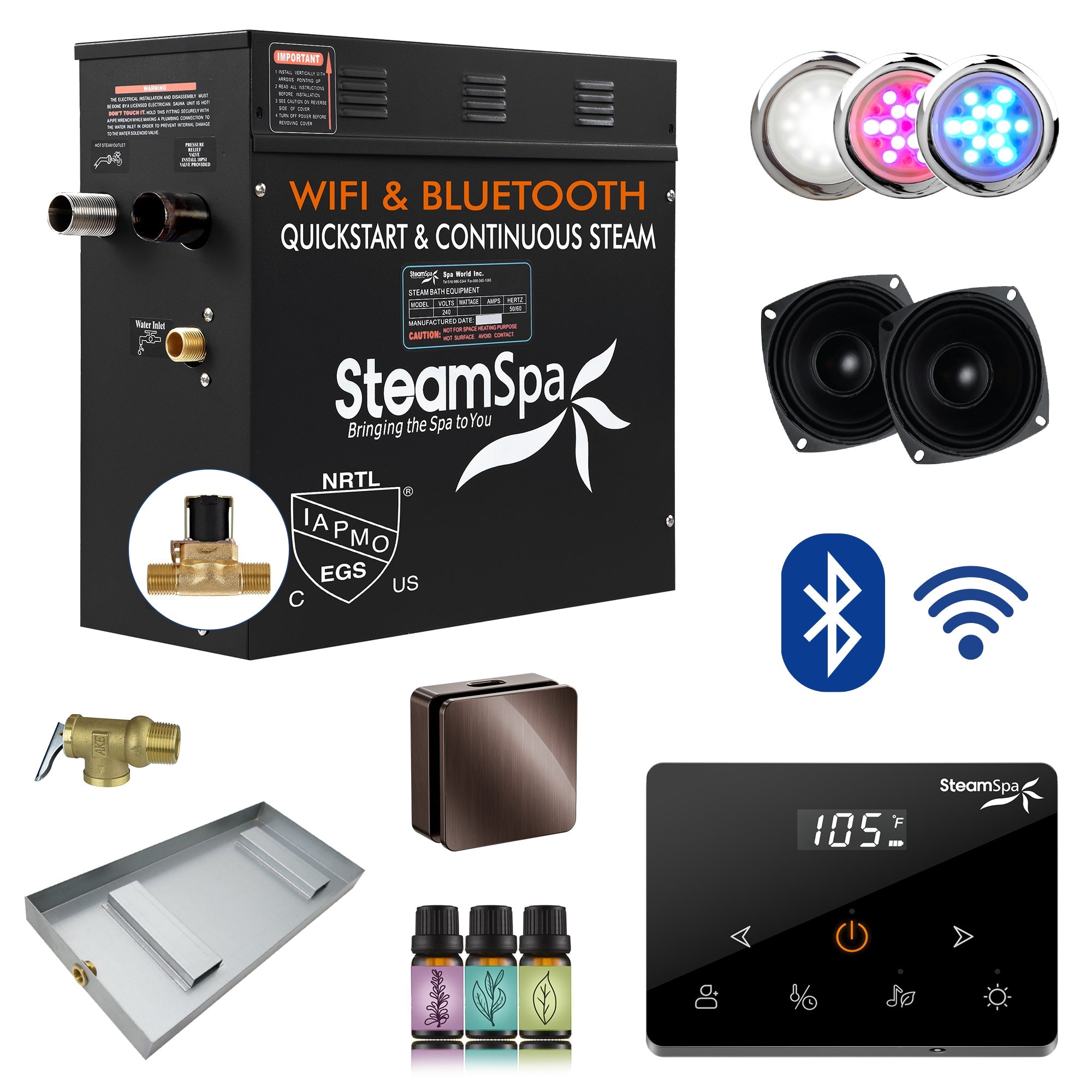 Black Series Steam Bath Generator with Wireless Controls, BLUETOOTH, WIFI, Auto Drain or Aroma Pump, and Multiple Finish Options