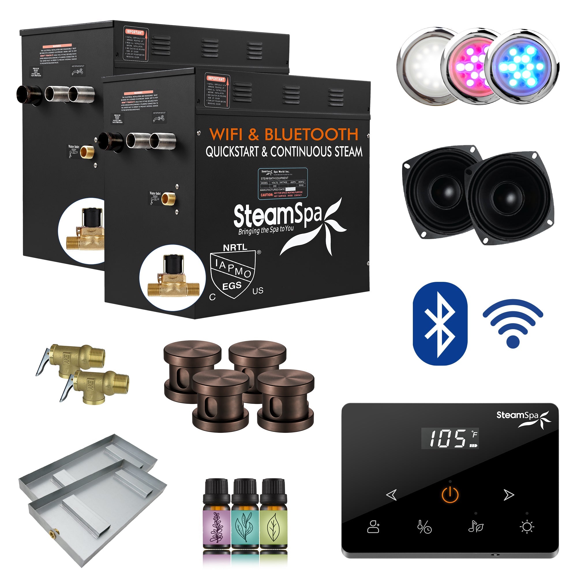Black Series Steam Bath Generator with Wireless Control, BLUETOOTH, WIFI, Auto Drain, and Multiple Finish Options