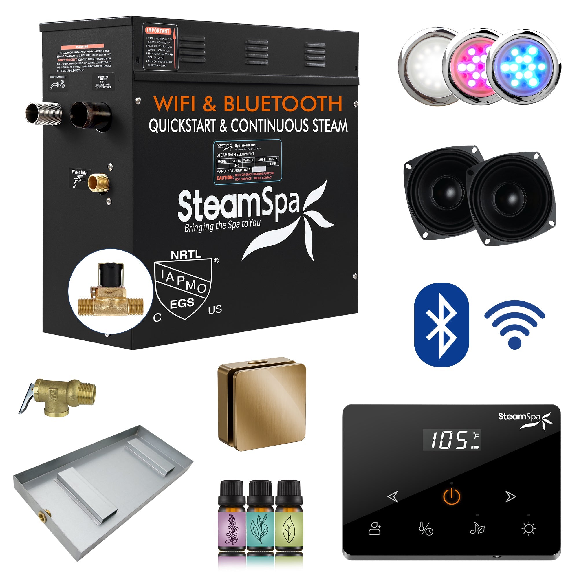 Black Series Steam Bath Generator with Wireless Controls, BLUETOOTH, WIFI, Auto Drain or Aroma Pump, and Multiple Finish Options