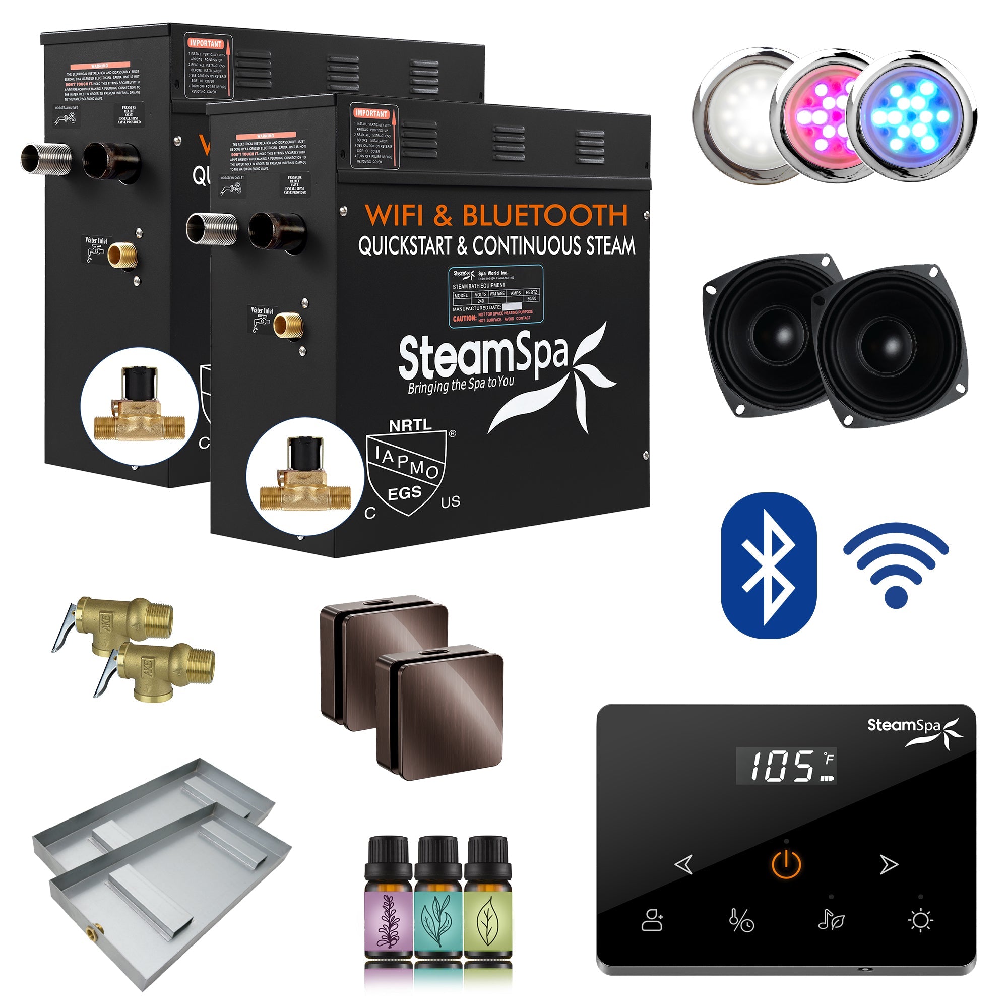 Black Series Steam Bath Generator with Wireless Controls, BLUETOOTH, WIFI, Auto Drain or Aroma Pump, and Multiple Finish Options