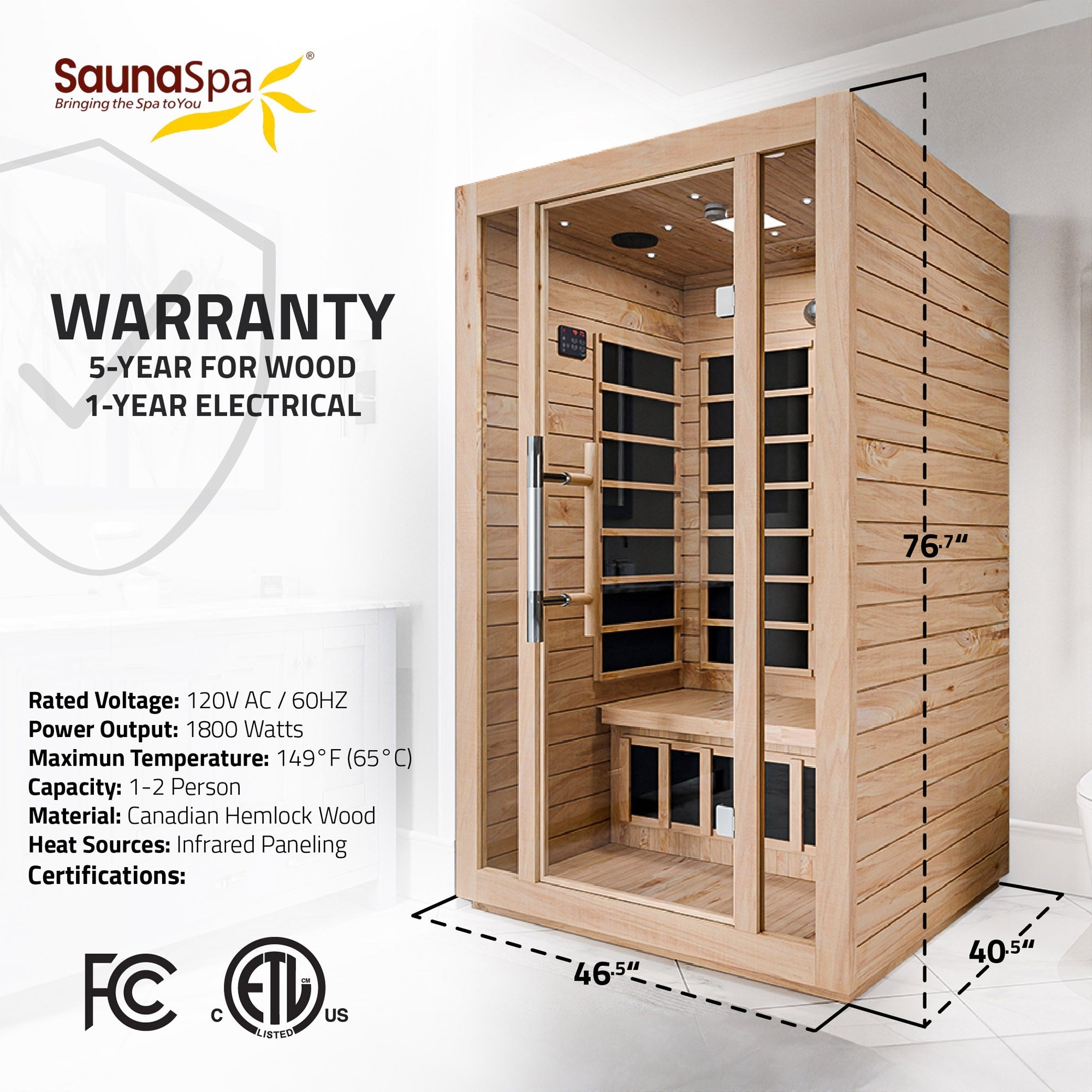 Maldives 2-Person Indoor Hemlock Wooden Low EMF Carbon FAR Infrared Home Sauna Room with LED Touch Control Panel