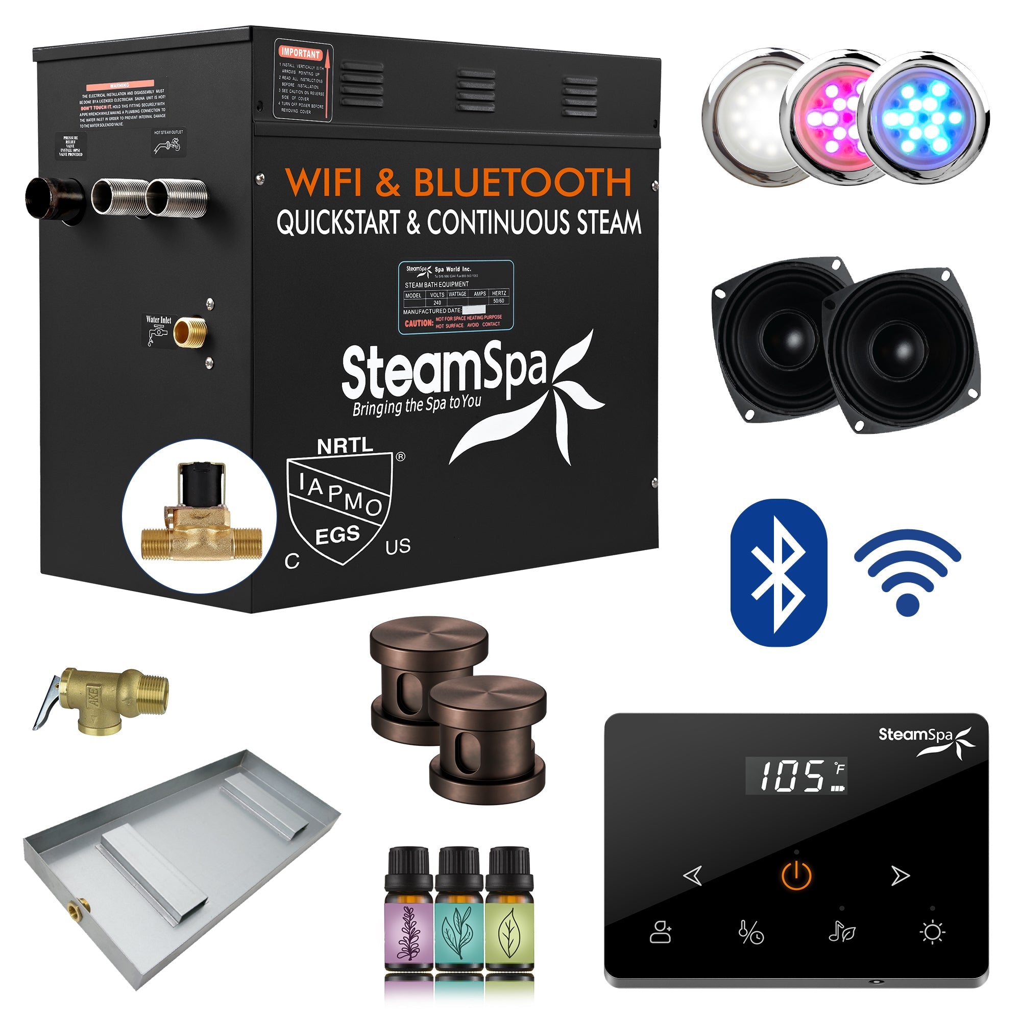 Black Series Steam Bath Generator with Wireless Control, BLUETOOTH, WIFI, Auto Drain, and Multiple Finish Options
