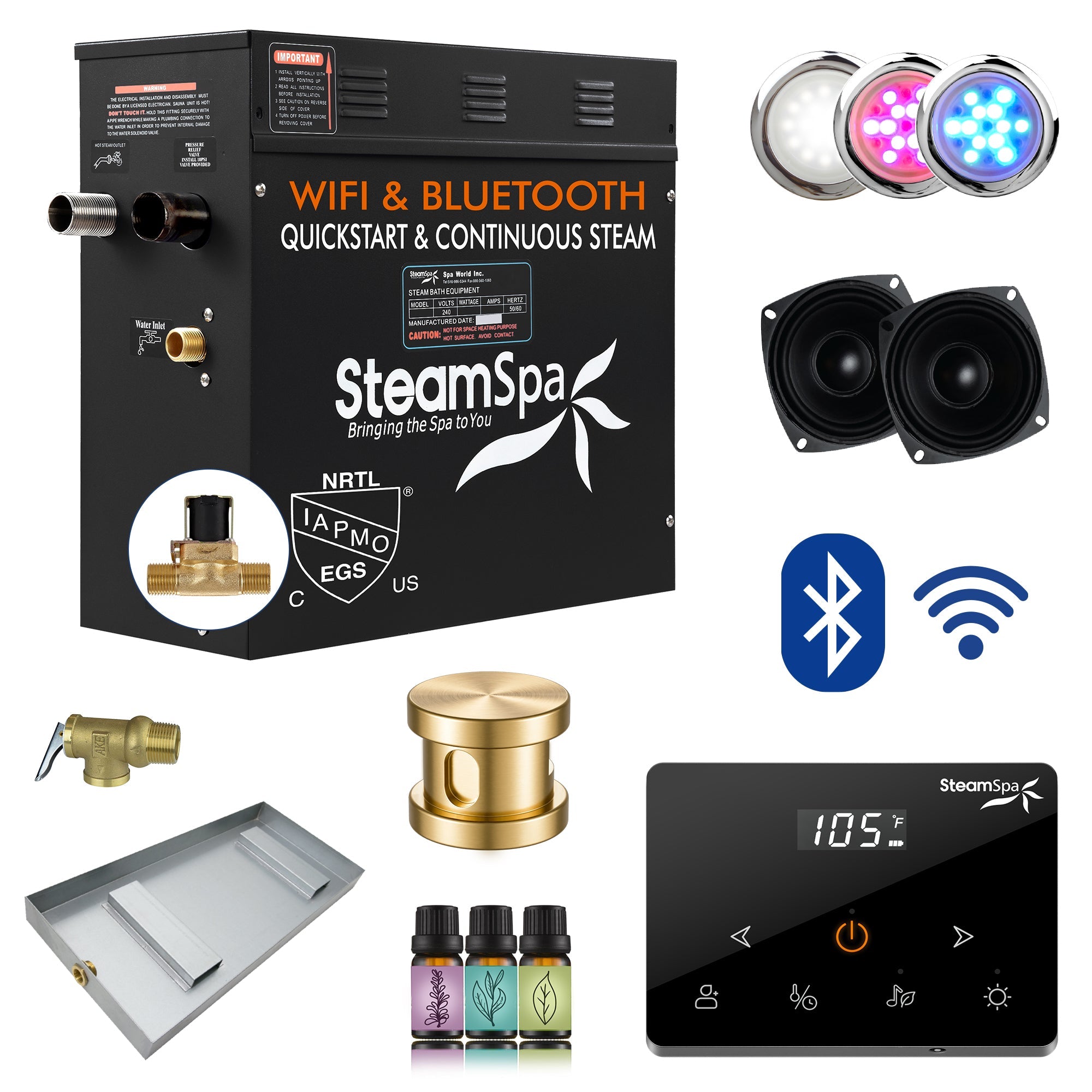 Black Series Steam Bath Generator with Wireless Control, BLUETOOTH, WIFI, Auto Drain, and Multiple Finish Options
