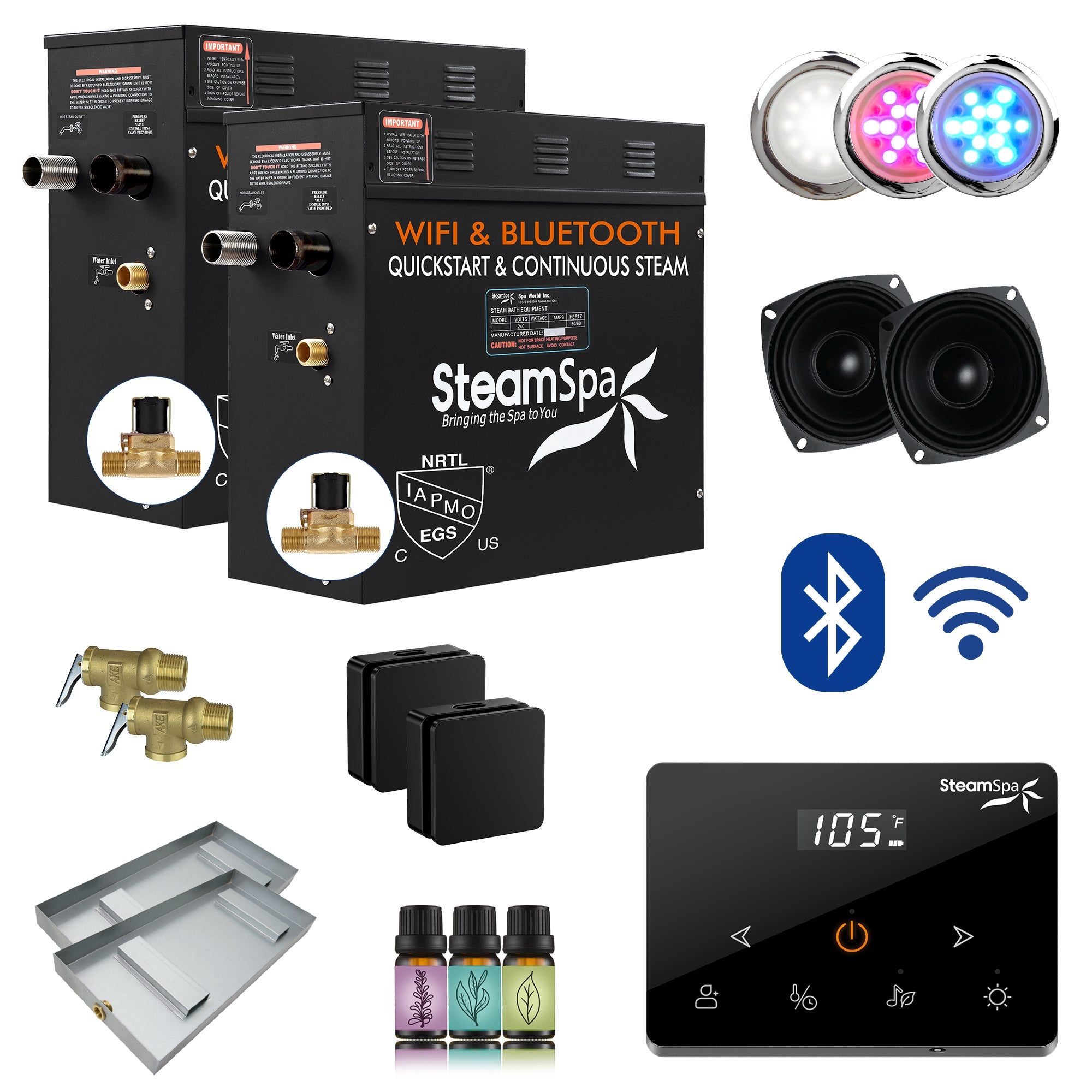 Black Series Steam Bath Generator with Wireless Controls, BLUETOOTH, WIFI, Auto Drain or Aroma Pump, and Multiple Finish Options