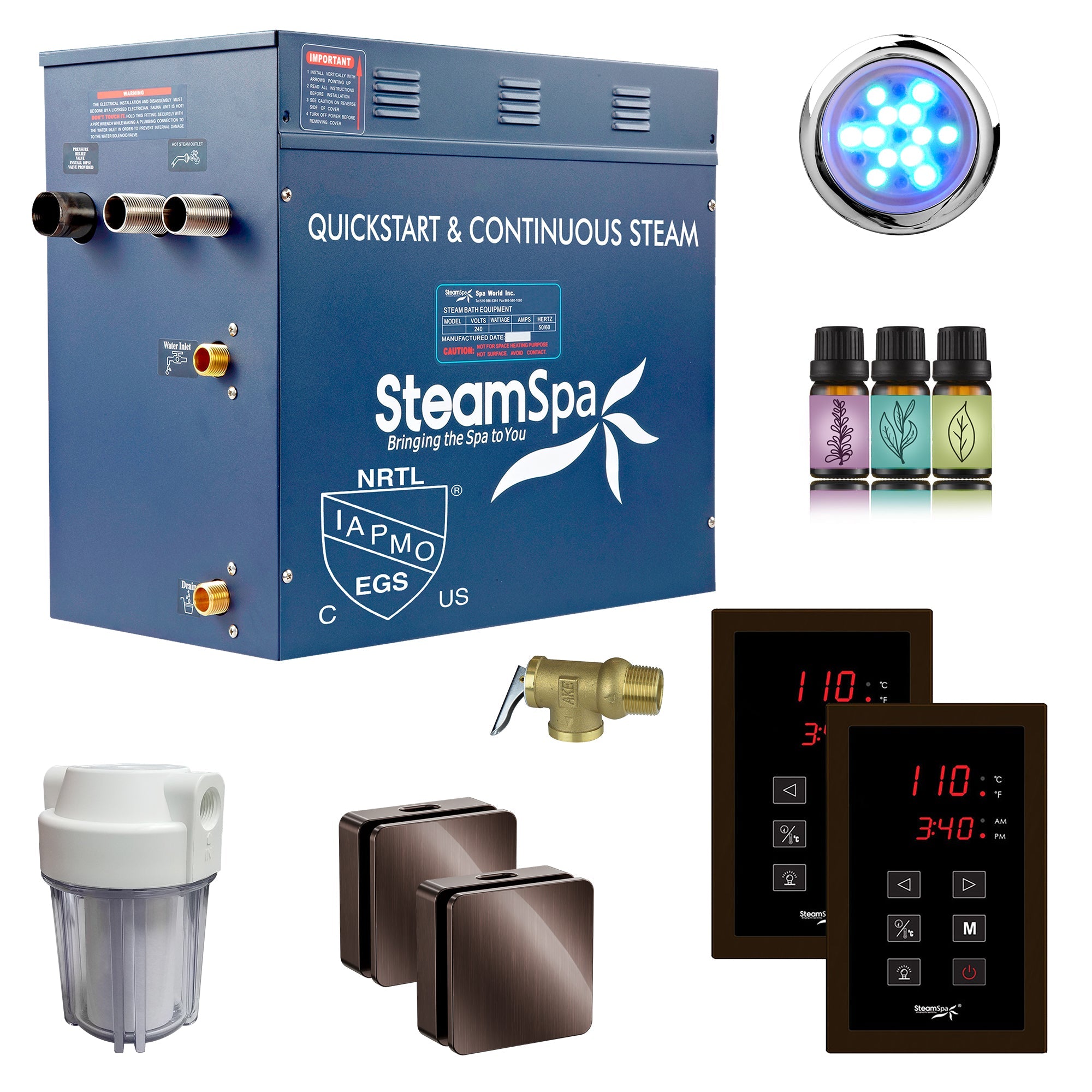 Royal Series Steam Bath Generator with Continuous Steam, Dual Touch Control, Chroma Lighting, Auto Drain & Water Filter