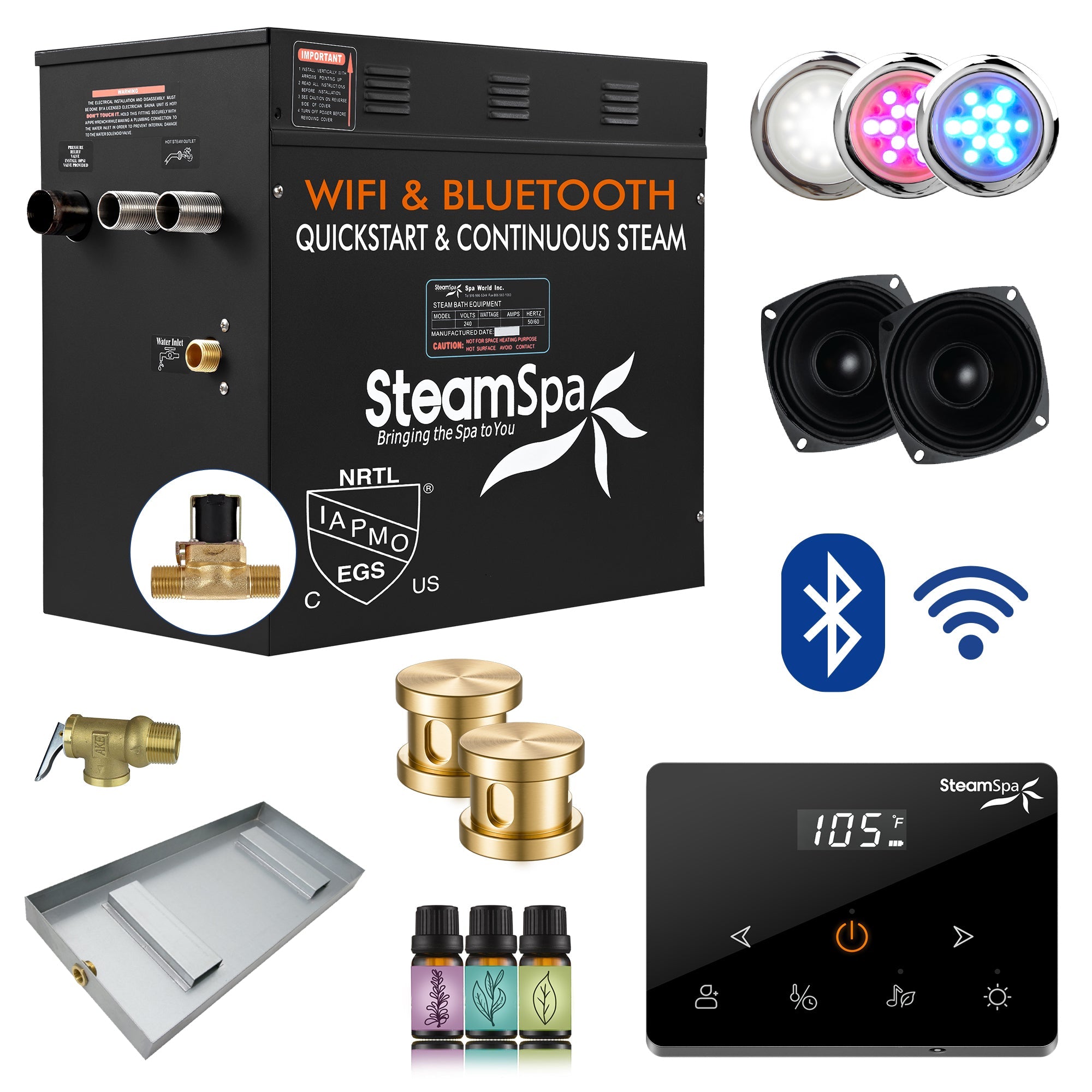 Black Series Steam Bath Generator with Wireless Control, BLUETOOTH, WIFI, Auto Drain, and Multiple Finish Options
