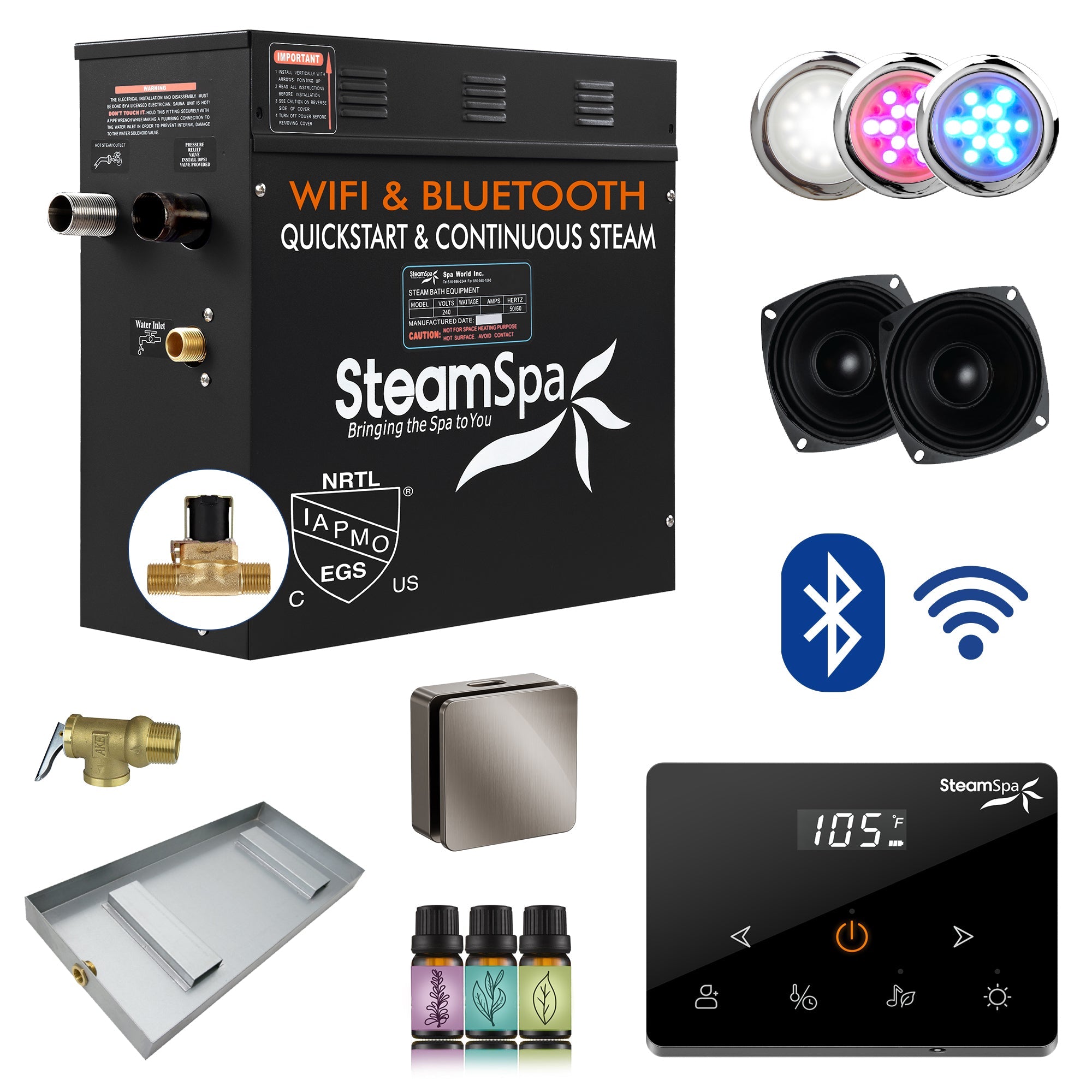 Black Series Steam Bath Generator with Wireless Controls, BLUETOOTH, WIFI, Auto Drain or Aroma Pump, and Multiple Finish Options