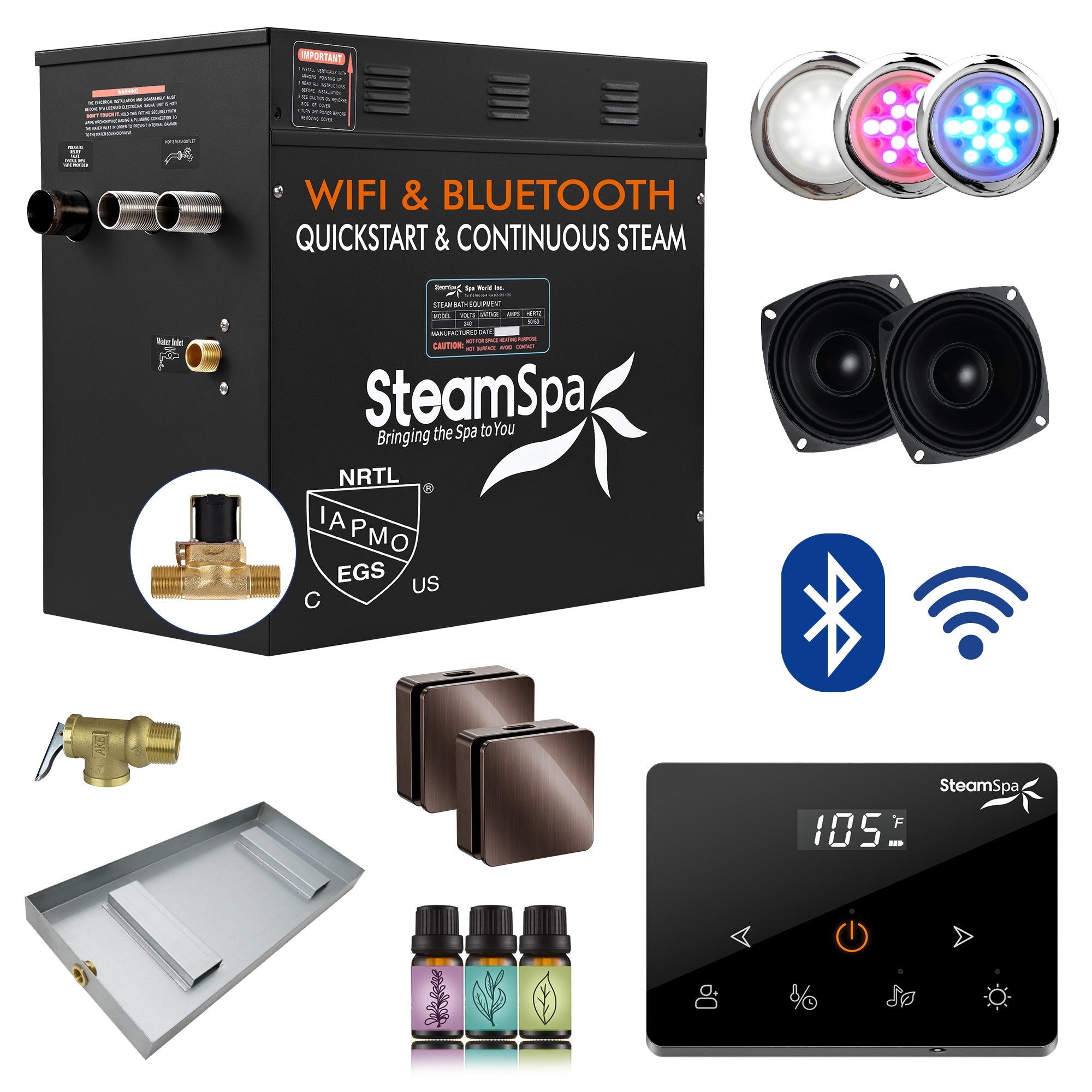 Black Series Steam Bath Generator with Wireless Controls, BLUETOOTH, WIFI, Auto Drain or Aroma Pump, and Multiple Finish Options