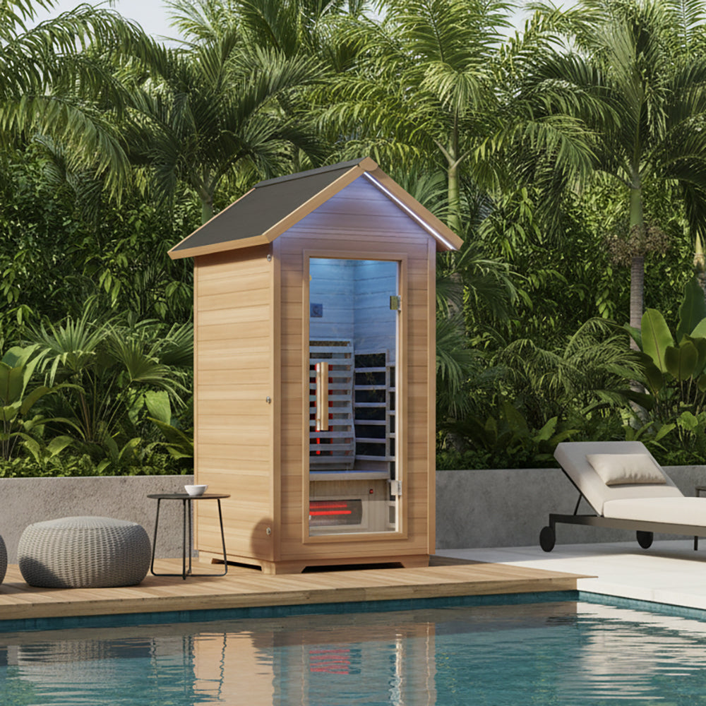 2-Person Outdoor Cabin Sauna in Red Cedar and Hemlock with Far Infrared, Starry Night Lights, and Touch Pad Controller